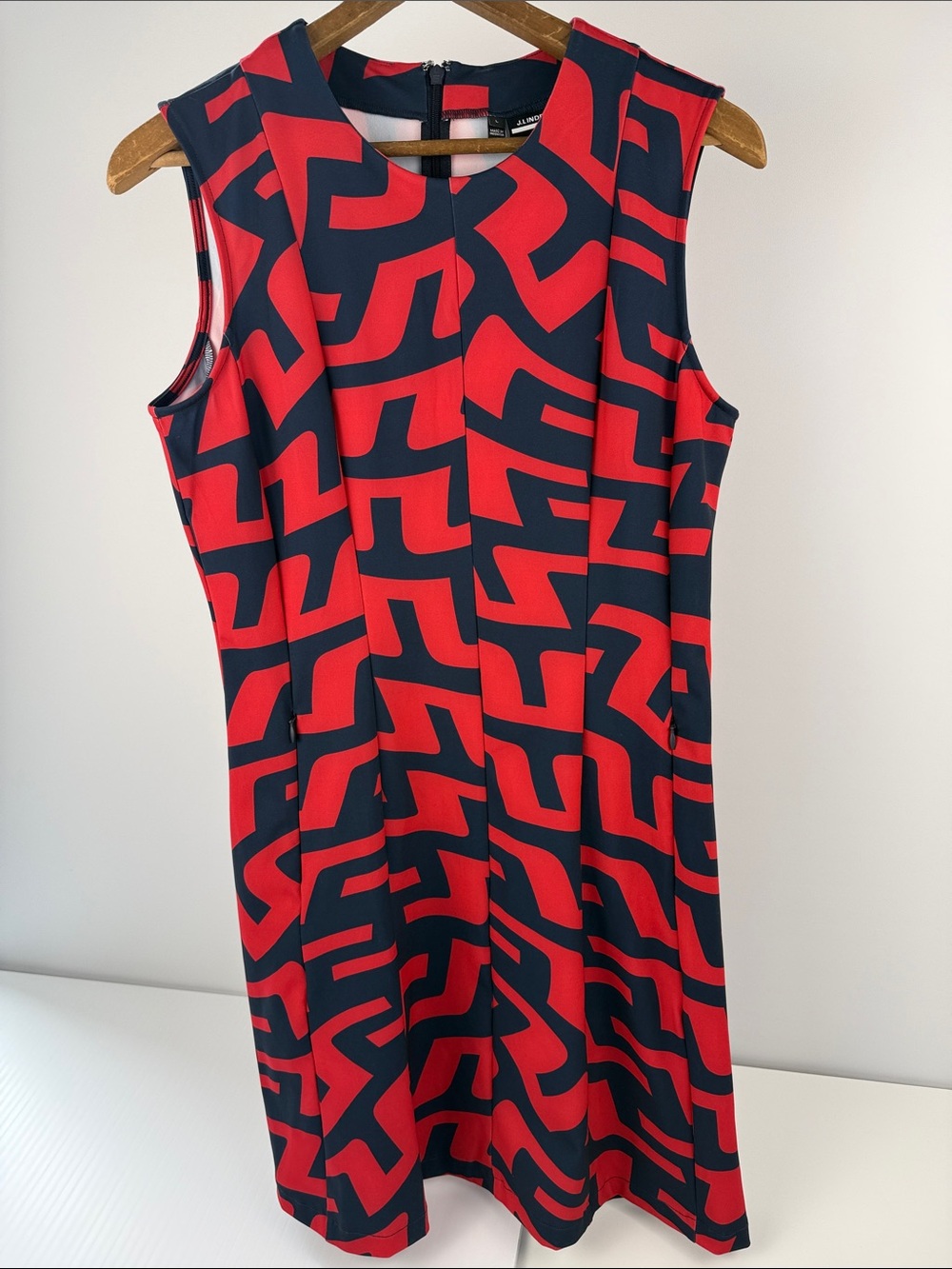 J.Lindeberg Red and Navy Geometric Sleeveless Shift Dress